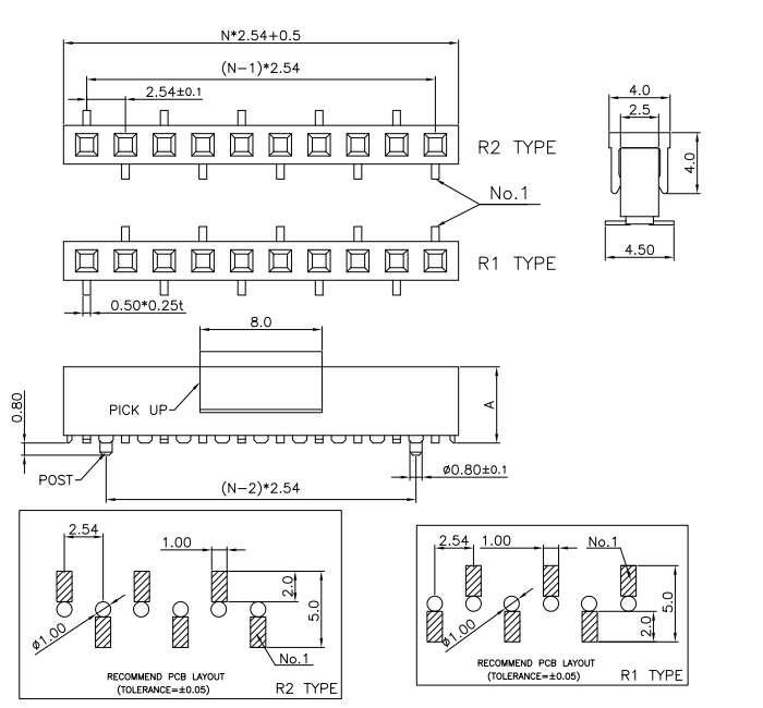 Vertical Through SMT Type Single Row 2.54mm Female PIN Header - Drawing