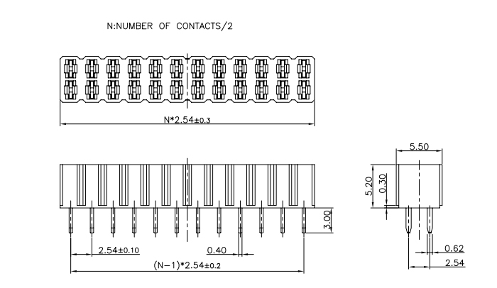 Dual Row 2.54 Pitch Female Header Connector H=5.2mm - Drawing